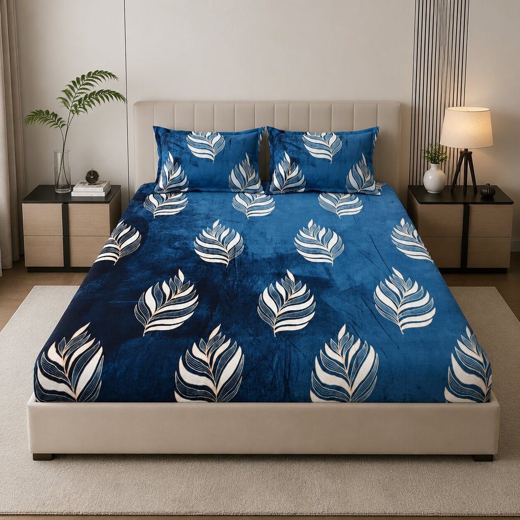 MVB Elegant Feather Pattern Super Soft Velvet Double Bedsheet with Matching Pillow Covers