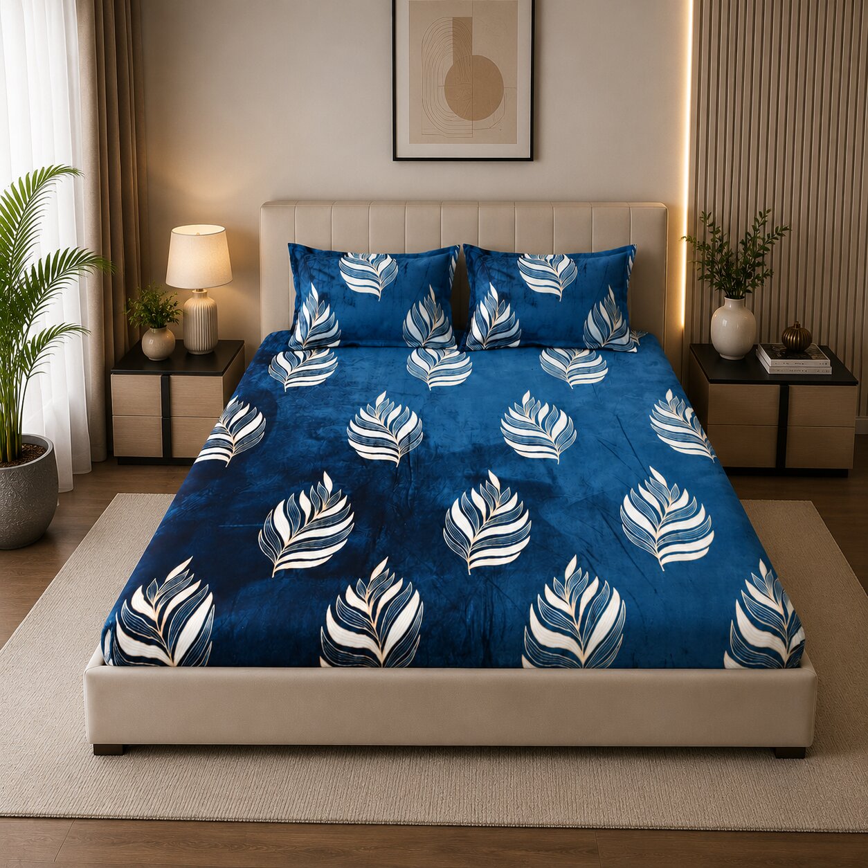 MVB Elegant Feather Pattern Super Soft Velvet Double Bedsheet with Matching Pillow Covers