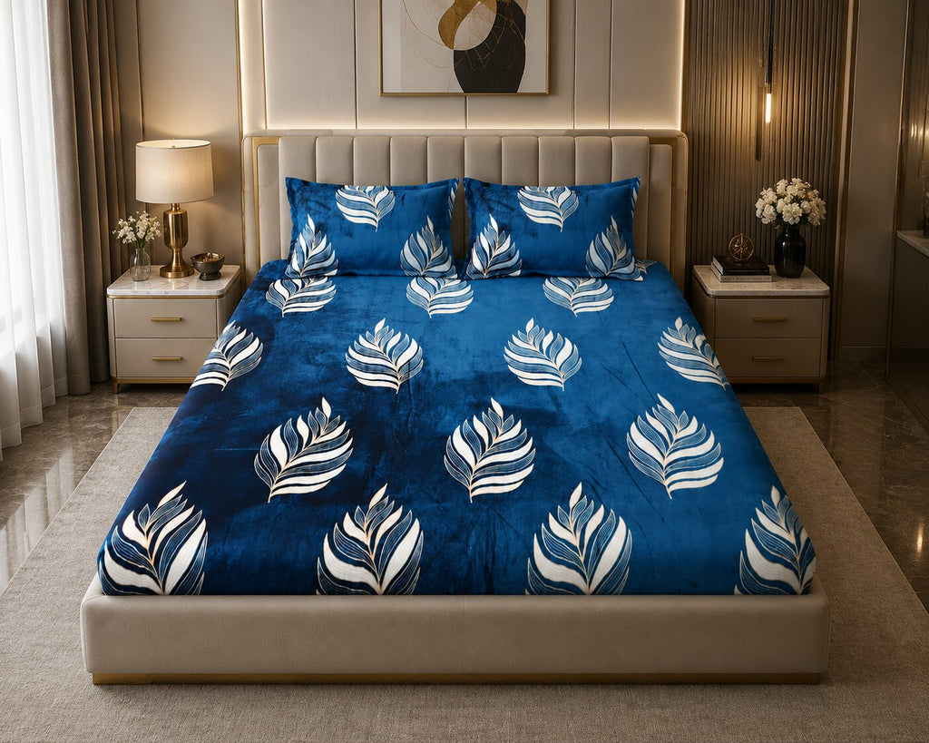 MVB Elegant Feather Pattern Super Soft Velvet Double Bedsheet with Matching Pillow Covers
