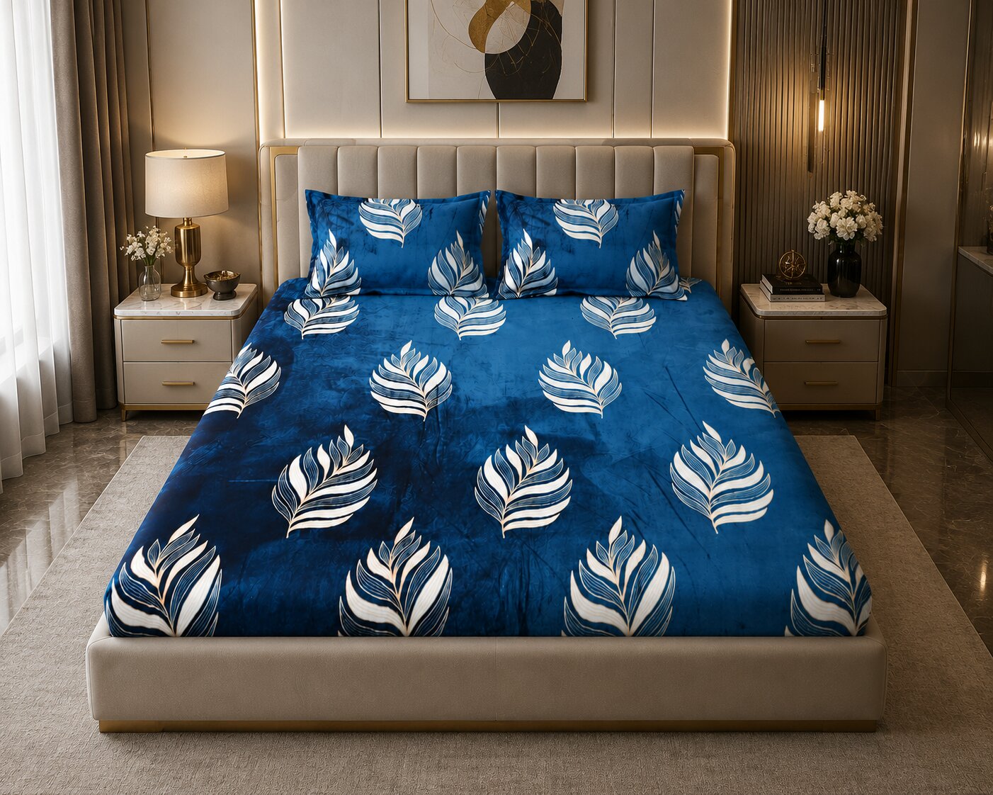 MVB Elegant Feather Pattern Super Soft Velvet Double Bedsheet with Matching Pillow Covers