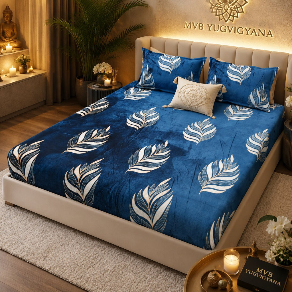 MVB Elegant Feather Pattern Super Soft Velvet Double Bedsheet with Matching Pillow Covers