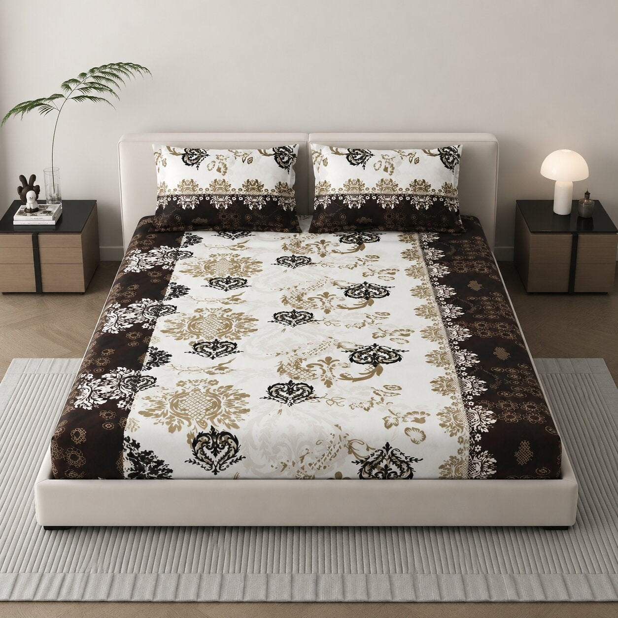 MVB Royal Damask Brown & Gold Super Soft Velvet Double Bedsheet with Matching Pillow Covers