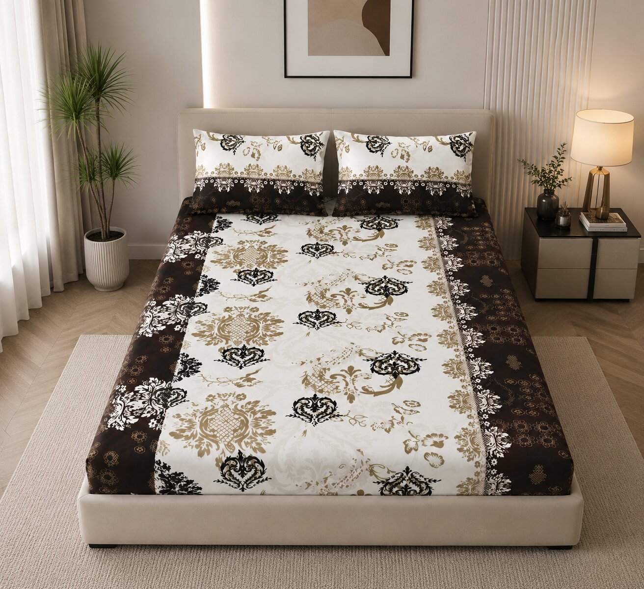 MVB Royal Damask Brown & Gold Super Soft Velvet Double Bedsheet with Matching Pillow Covers