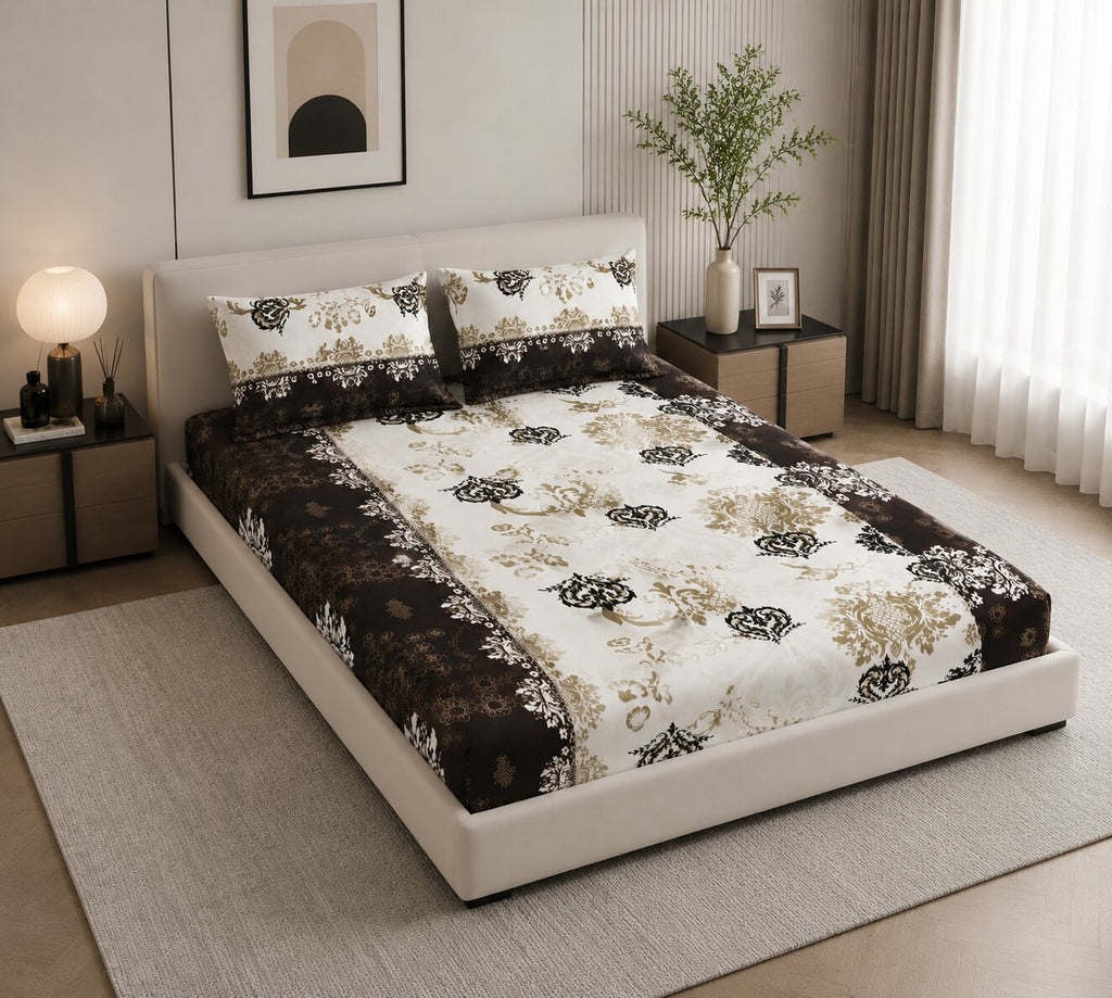 MVB Royal Damask Brown & Gold Super Soft Velvet Double Bedsheet with Matching Pillow Covers