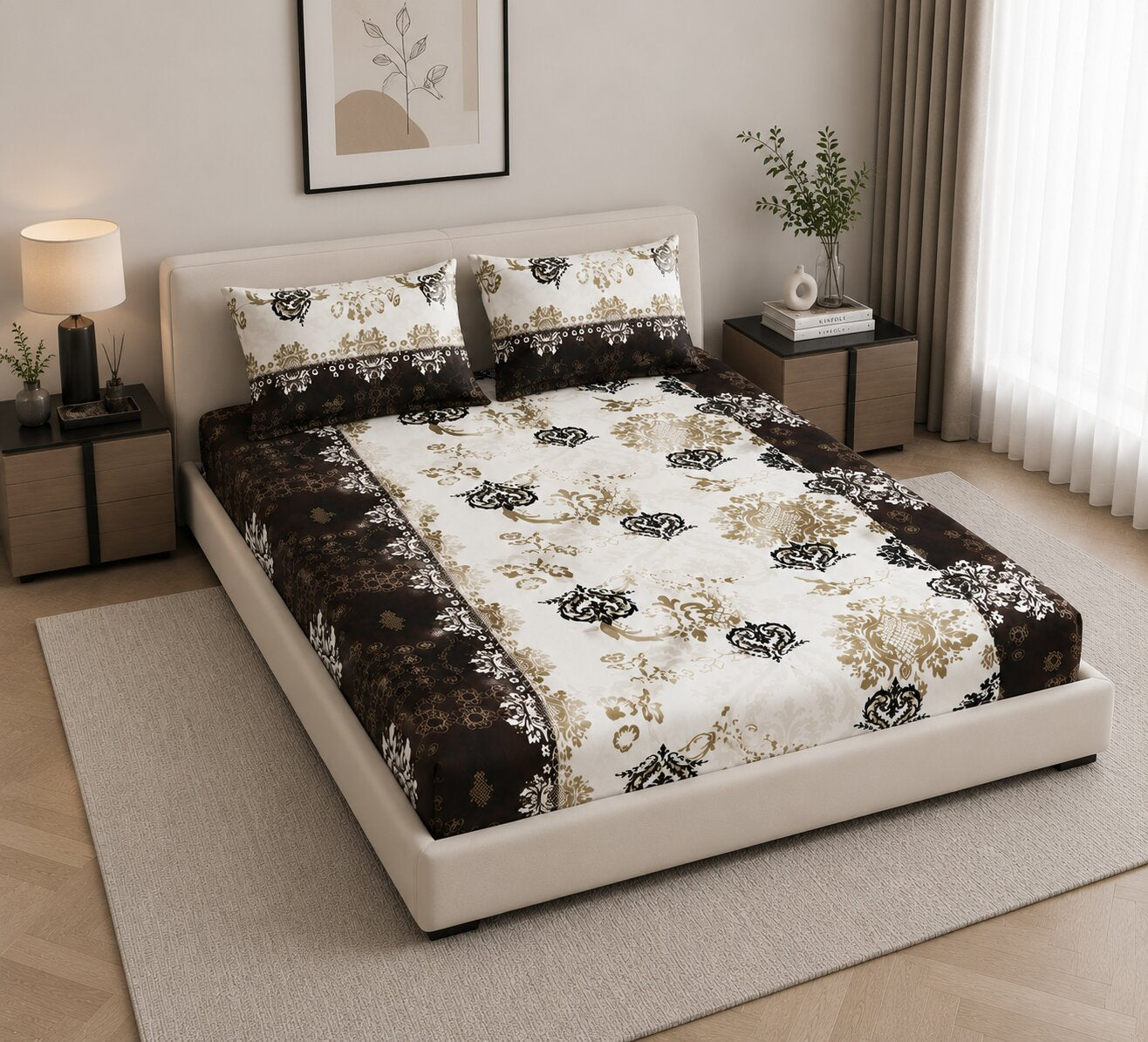 MVB Royal Damask Brown & Gold Super Soft Velvet Double Bedsheet with Matching Pillow Covers
