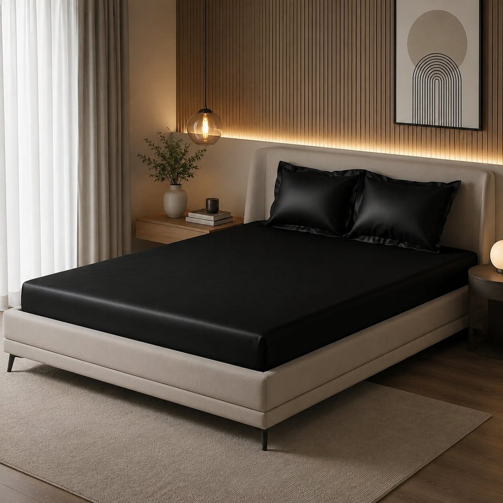 Black UltraSatin Fitted Double Bedsheet with 2 Pillow Covers | MVBDFT43