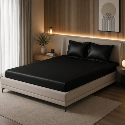 Black UltraSatin Fitted Double Bedsheet with 2 Pillow Covers | MVBDFT43