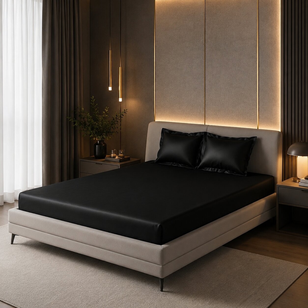 Black UltraSatin Fitted Double Bedsheet with 2 Pillow Covers | MVBDFT43