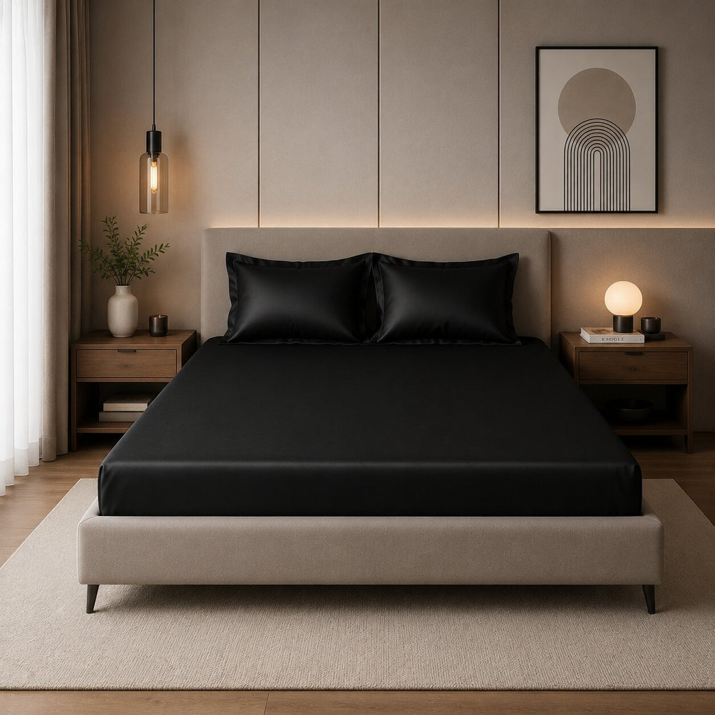 Black UltraSatin Fitted Double Bedsheet with 2 Pillow Covers | MVBDFT43