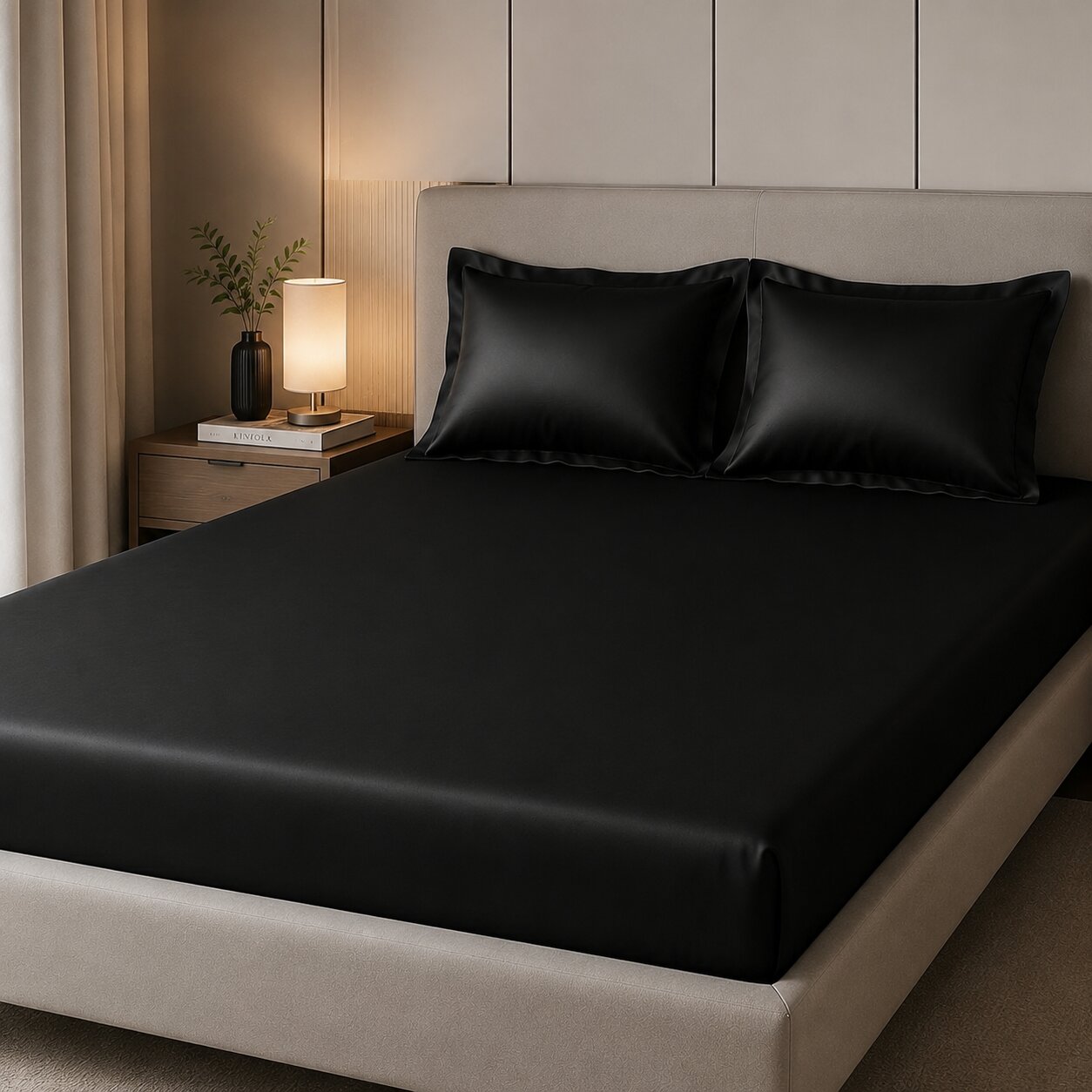 Black UltraSatin Fitted Double Bedsheet with 2 Pillow Covers | MVBDFT43