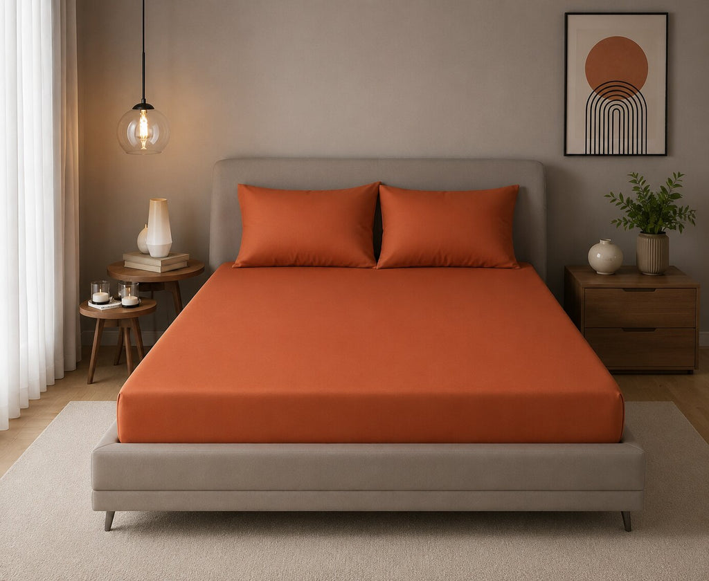 Terracotta UltraSatin Fitted Double Bedsheet with 2 Pillow Covers | MVBDFT41