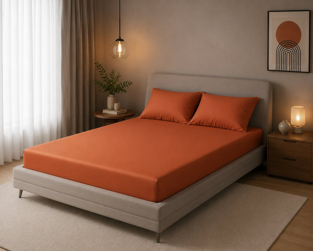 Terracotta UltraSatin Fitted Double Bedsheet with 2 Pillow Covers | MVBDFT41