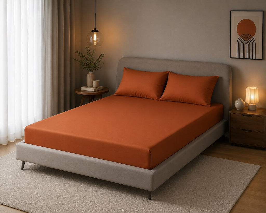 Terracotta UltraSatin Fitted Double Bedsheet with 2 Pillow Covers | MVBDFT41