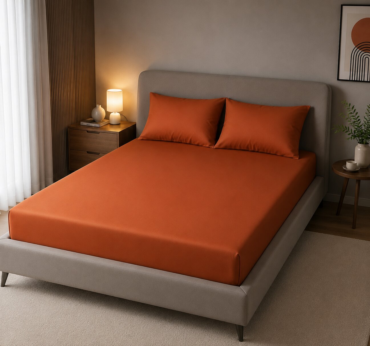 Terracotta UltraSatin Fitted Double Bedsheet with 2 Pillow Covers | MVBDFT41