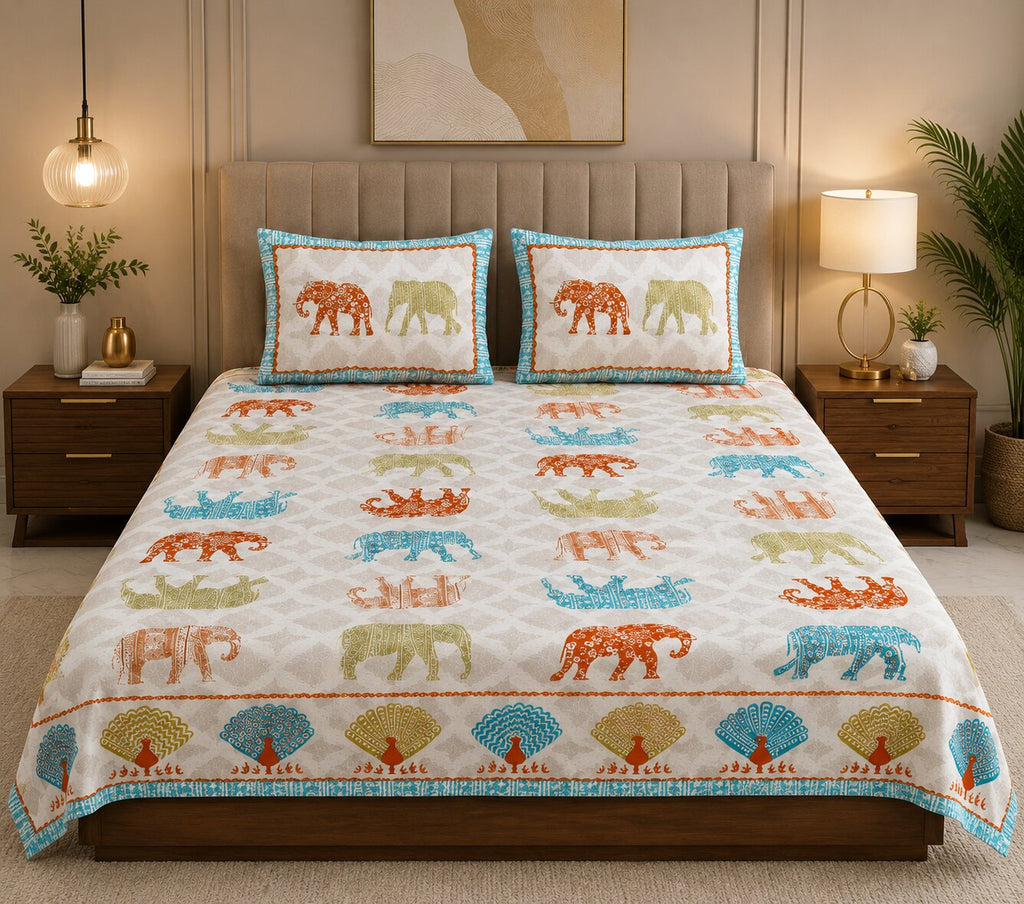 MVB Jungle Safari Blue Double Bed Sheet Set | 100% Pure Cotton | 210 TC | 3 Pcs