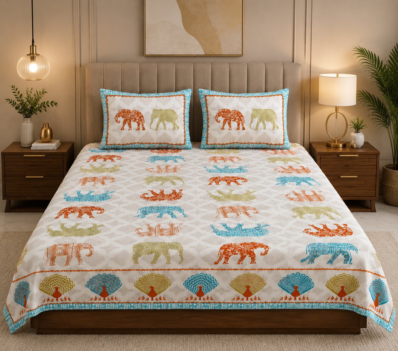 MVB Jungle Safari Blue Double Bed Sheet Set | 100% Pure Cotton | 210 TC | 3 Pcs