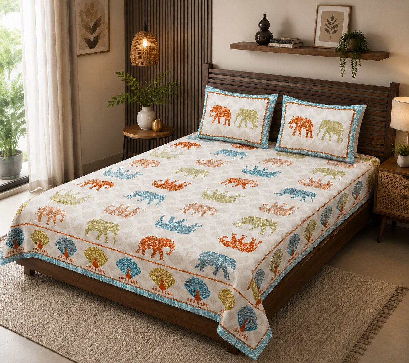 MVB Jungle Safari Blue Double Bed Sheet Set | 100% Pure Cotton | 210 TC | 3 Pcs