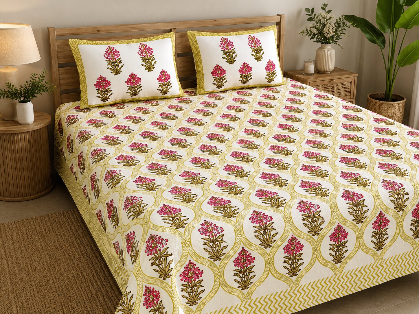 MVB Premium Pink Floral Ogee Print 400 TC Pure Cotton King Size Bedsheet