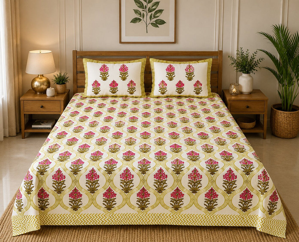 MVB Premium Pink Floral Ogee Print 400 TC Pure Cotton King Size Bedsheet