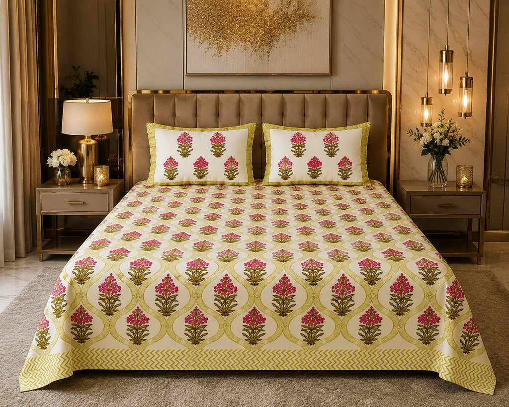 MVB Premium Pink Floral Ogee Print 400 TC Pure Cotton King Size Bedsheet