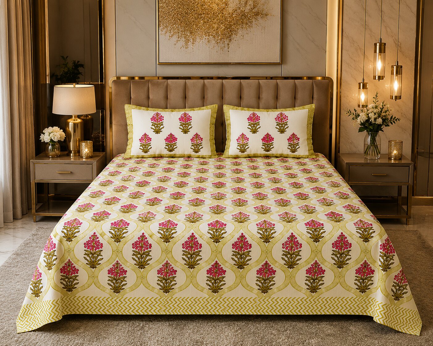 MVB Premium Pink Floral Ogee Print 400 TC Pure Cotton King Size Bedsheet