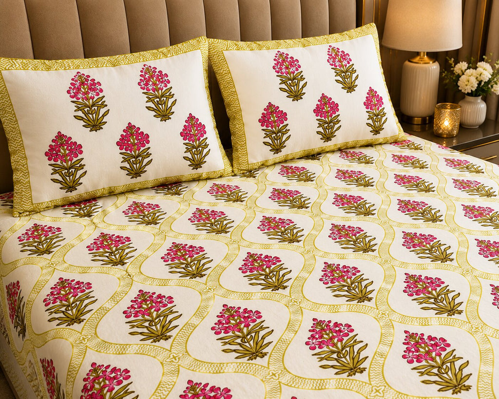 MVB Premium Pink Floral Ogee Print 400 TC Pure Cotton King Size Bedsheet