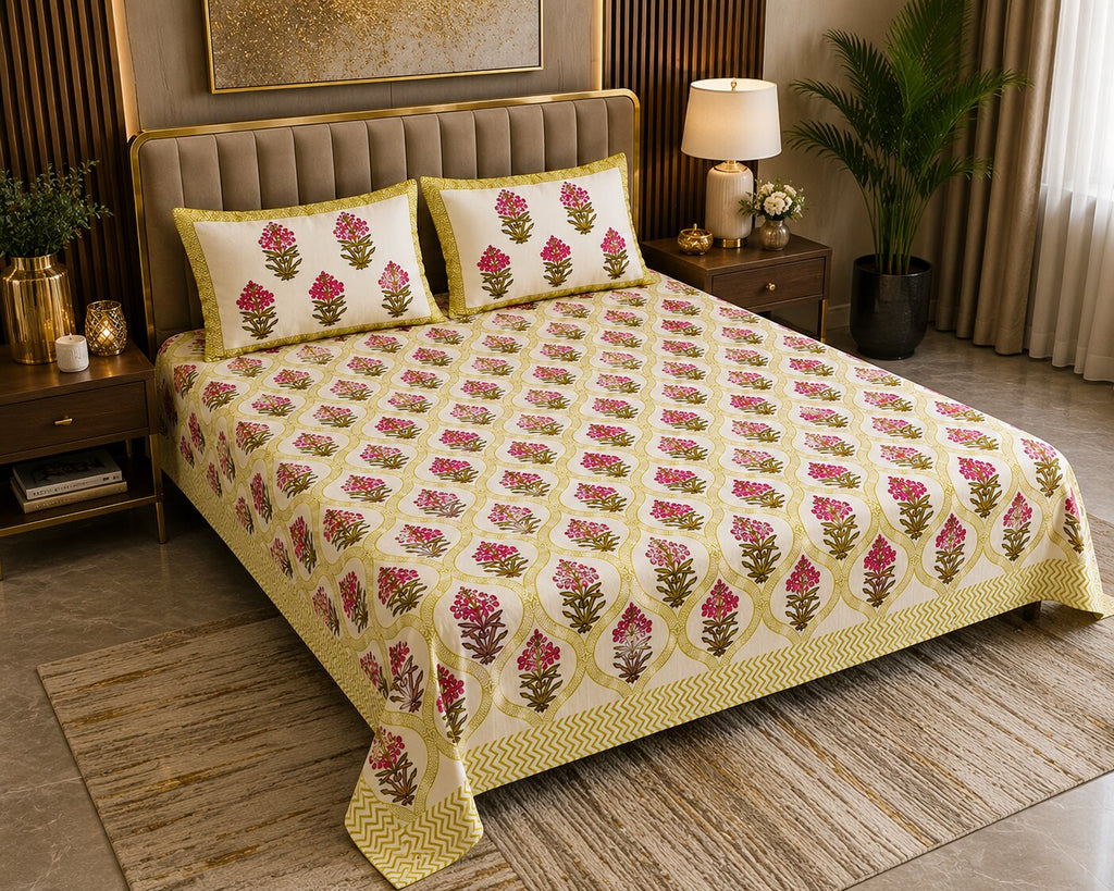 MVB Premium Pink Floral Ogee Print 400 TC Pure Cotton King Size Bedsheet