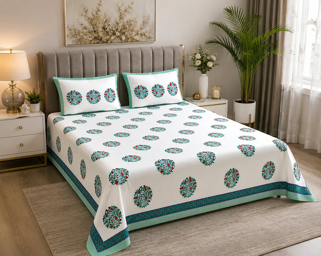 MVB Premium Teal Floral Medallion Print 400 TC Pure Cotton King Size Bedsheet