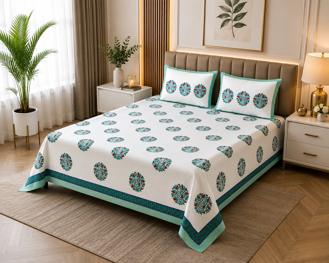 MVB Premium Teal Floral Medallion Print 400 TC Pure Cotton King Size Bedsheet