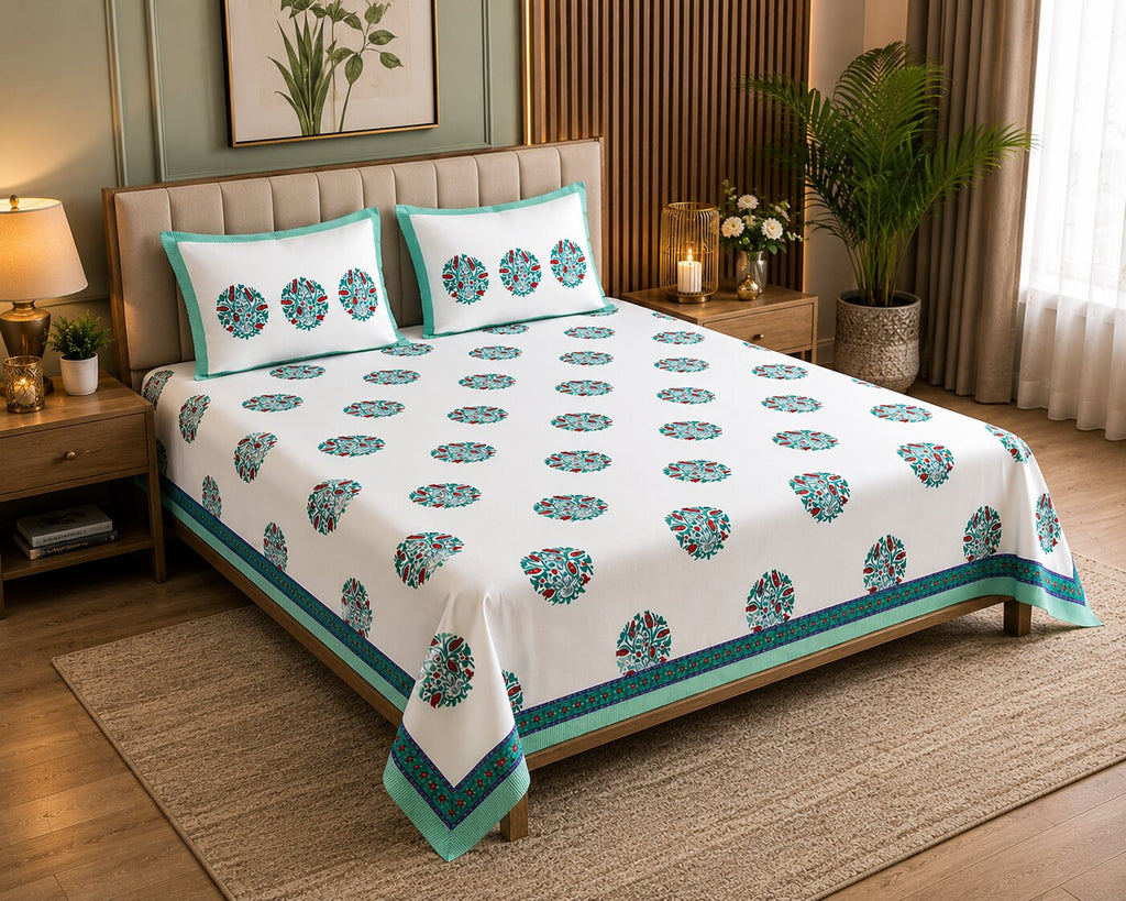MVB Premium Teal Floral Medallion Print 400 TC Pure Cotton King Size Bedsheet
