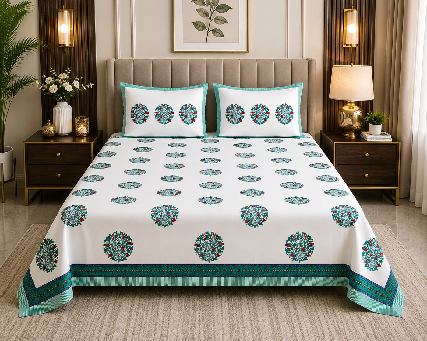 MVB Premium Teal Floral Medallion Print 400 TC Pure Cotton King Size Bedsheet
