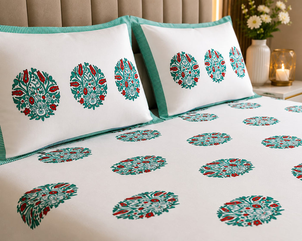 MVB Premium Teal Floral Medallion Print 400 TC Pure Cotton King Size Bedsheet