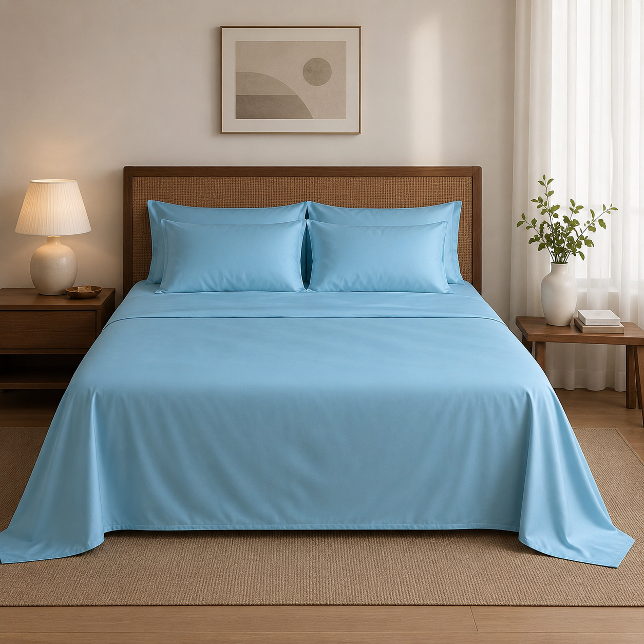 MVB Indus Twilight UltraSatin Silk Flat Double Bedsheet | Sky Blue | 1 Flat Sheet + 2 Pillow Covers