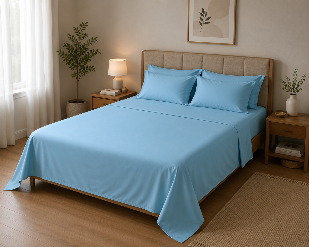 MVB Indus Twilight UltraSatin Silk Flat Double Bedsheet | Sky Blue | 1 Flat Sheet + 2 Pillow Covers