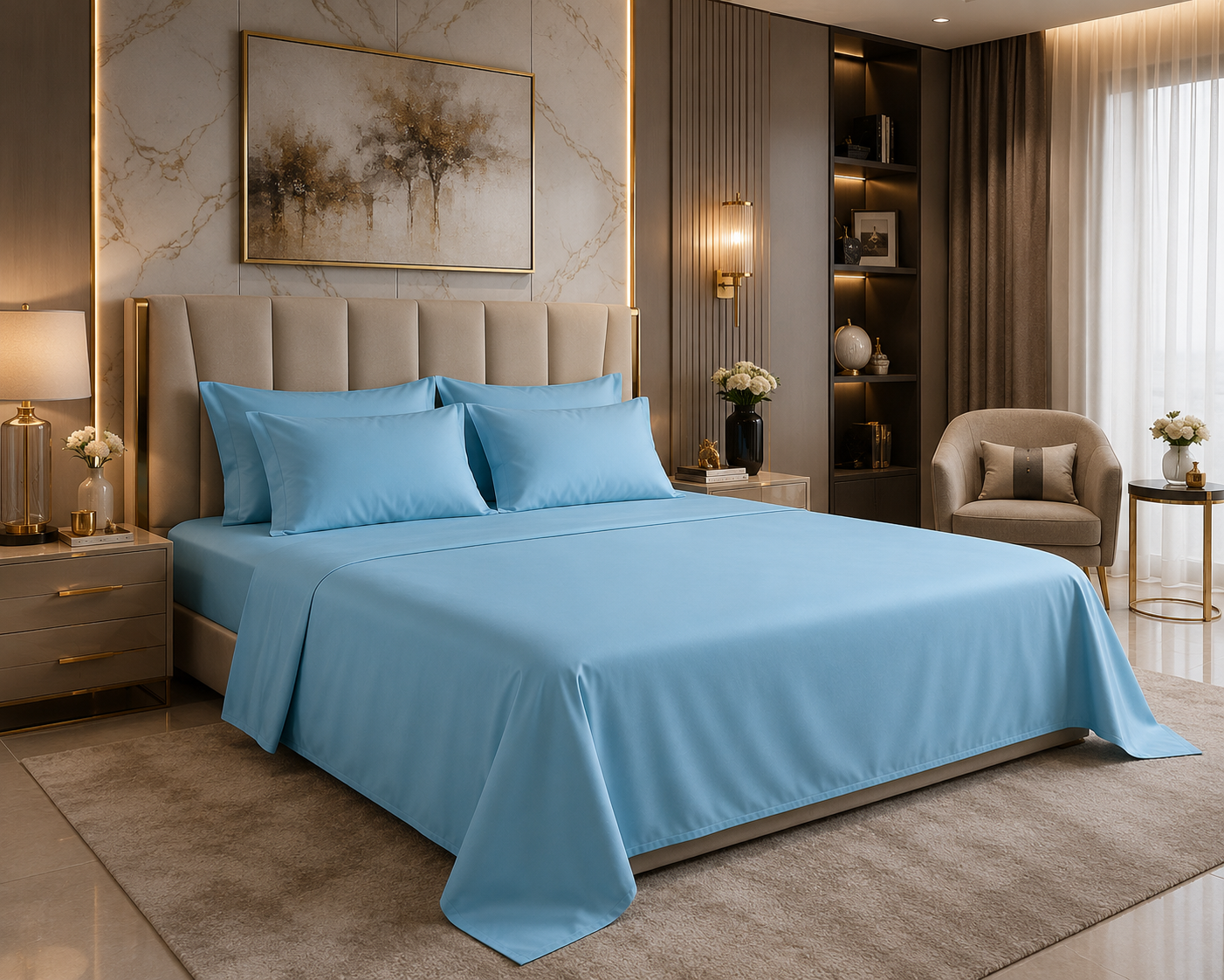 MVB Indus Twilight UltraSatin Silk Flat Double Bedsheet | Sky Blue | 1 Flat Sheet + 2 Pillow Covers