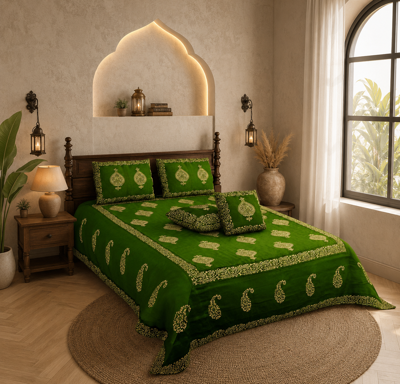 Mahendi Green Khadi Silk Hand Block Print Double Bedsheet | 240 TC | 5 Piece Set