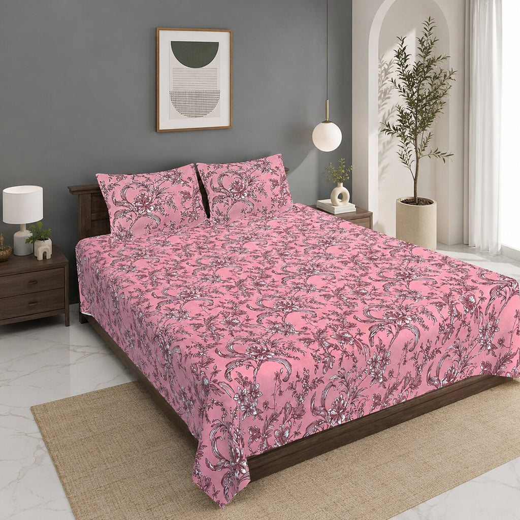 MVB Mahogany Bloom Double Bedsheet Set | 160 TC Poly Cotton | 2 Pillow Covers