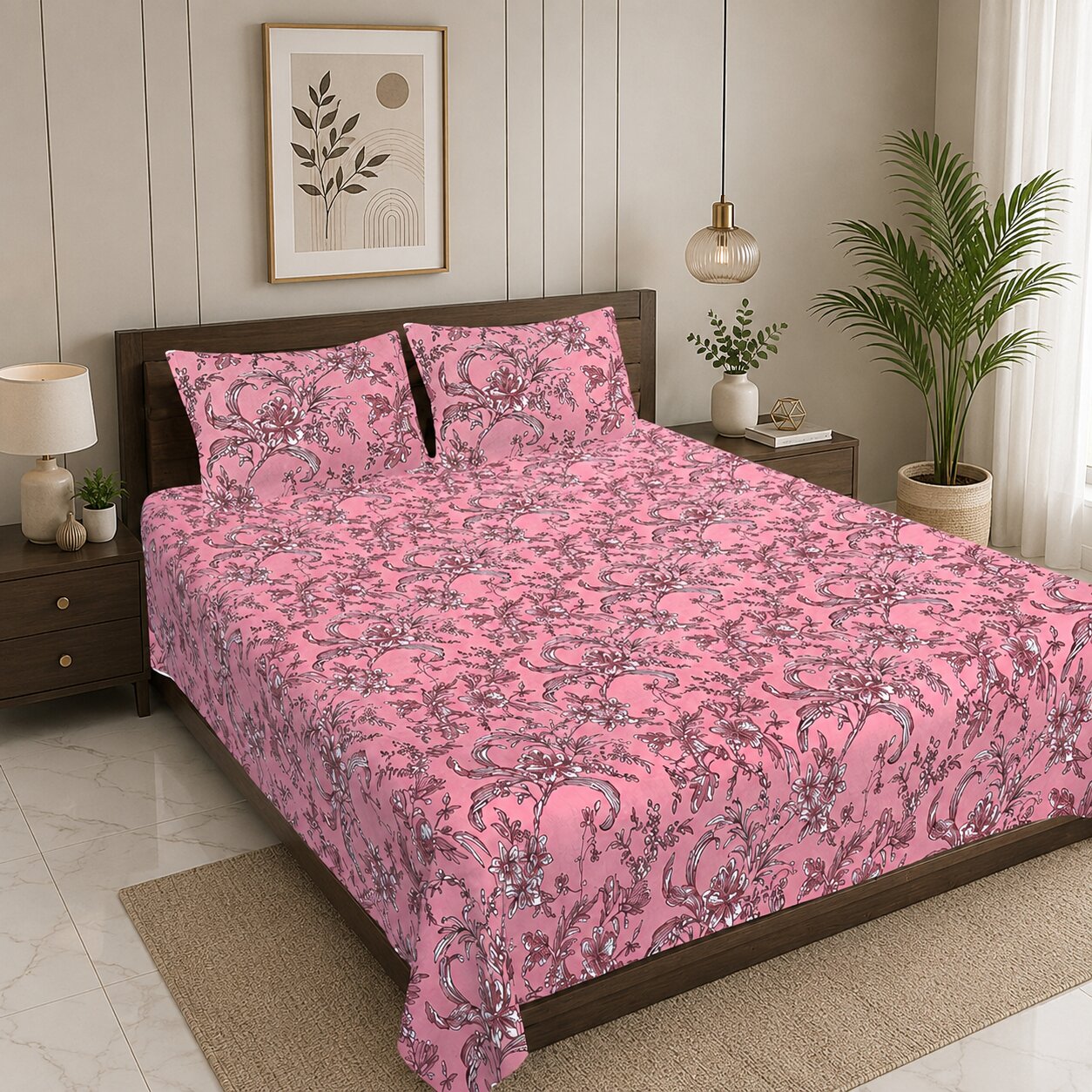 MVB Mahogany Bloom Double Bedsheet Set | 160 TC Poly Cotton | 2 Pillow Covers