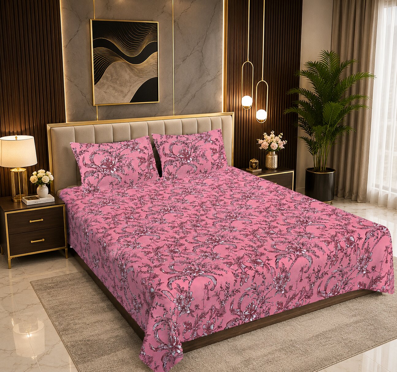 MVB Mahogany Bloom Double Bedsheet Set | 160 TC Poly Cotton | 2 Pillow Covers