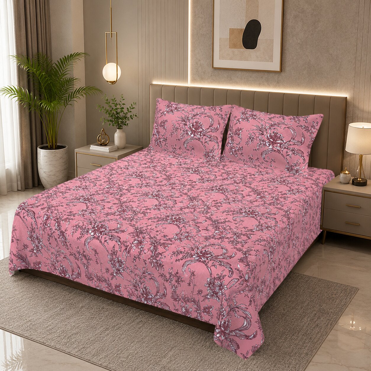 MVB Mahogany Bloom Double Bedsheet Set | 160 TC Poly Cotton | 2 Pillow Covers
