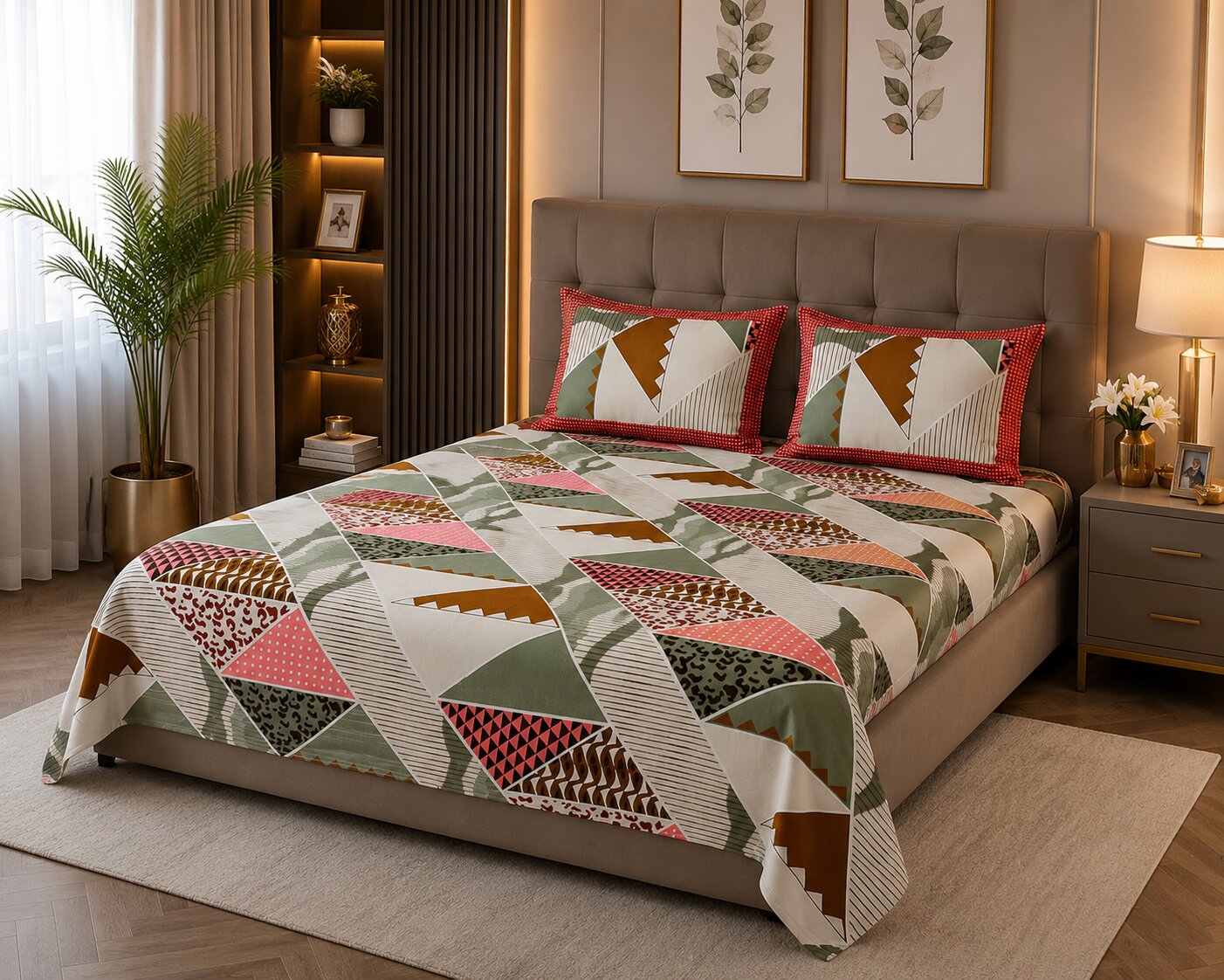 Modern Trend Green Pastel Cotton King Size Bedsheet With 2 Pillow Covers