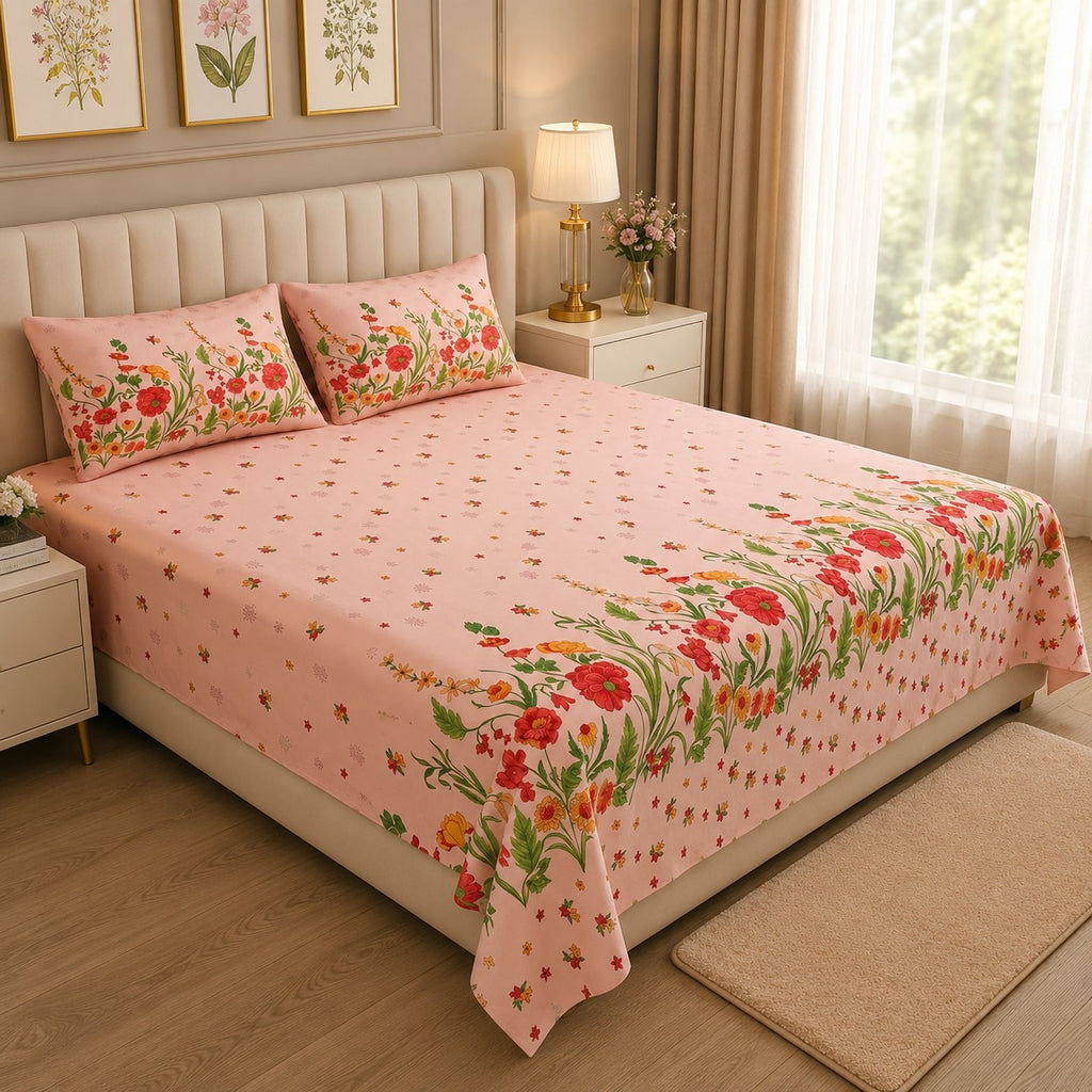 Baby Pink Poppies in Bloom Pure Cotton King Size Bedsheet