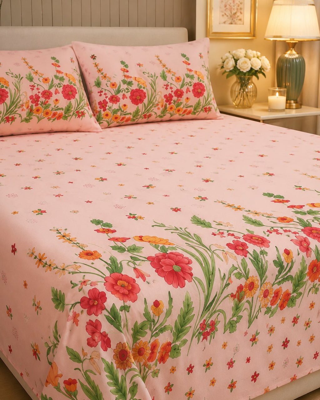 Baby Pink Poppies in Bloom Pure Cotton King Size Bedsheet