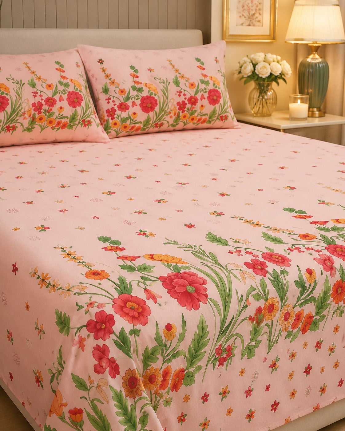 Baby Pink Poppies in Bloom Pure Cotton King Size Bedsheet