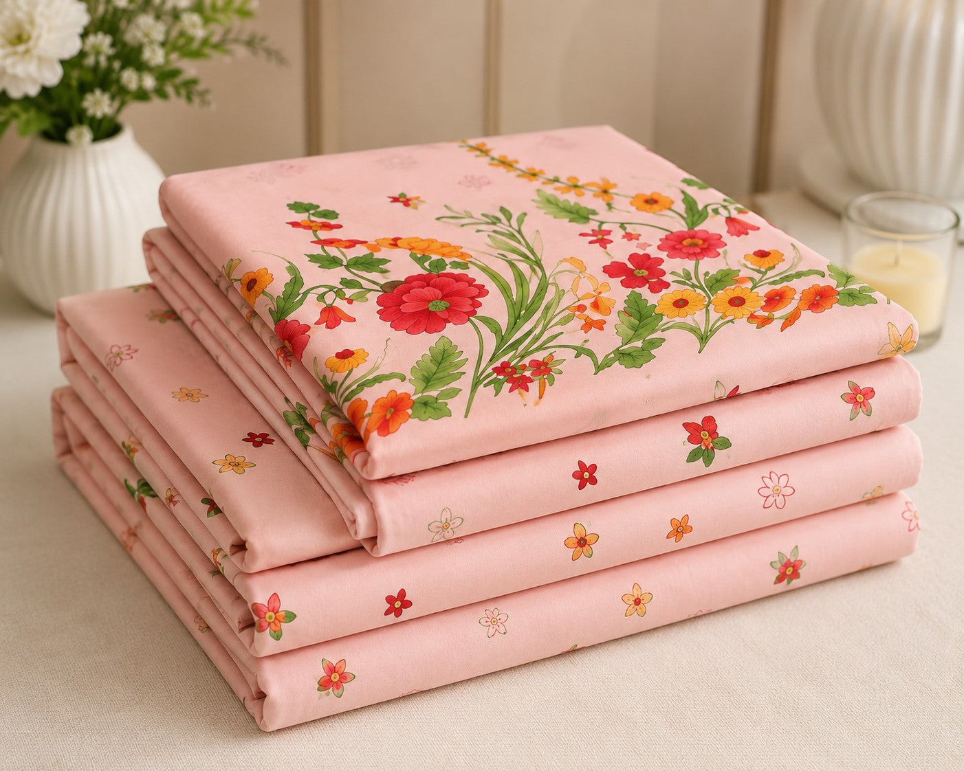 Baby Pink Poppies in Bloom Pure Cotton King Size Bedsheet