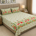 Mint Green Poppies in Bloom Pure Cotton King Size Bedsheet