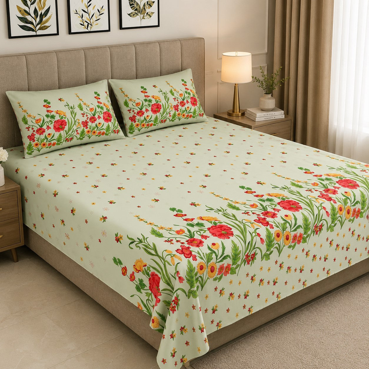 Mint Green Poppies in Bloom Pure Cotton King Size Bedsheet