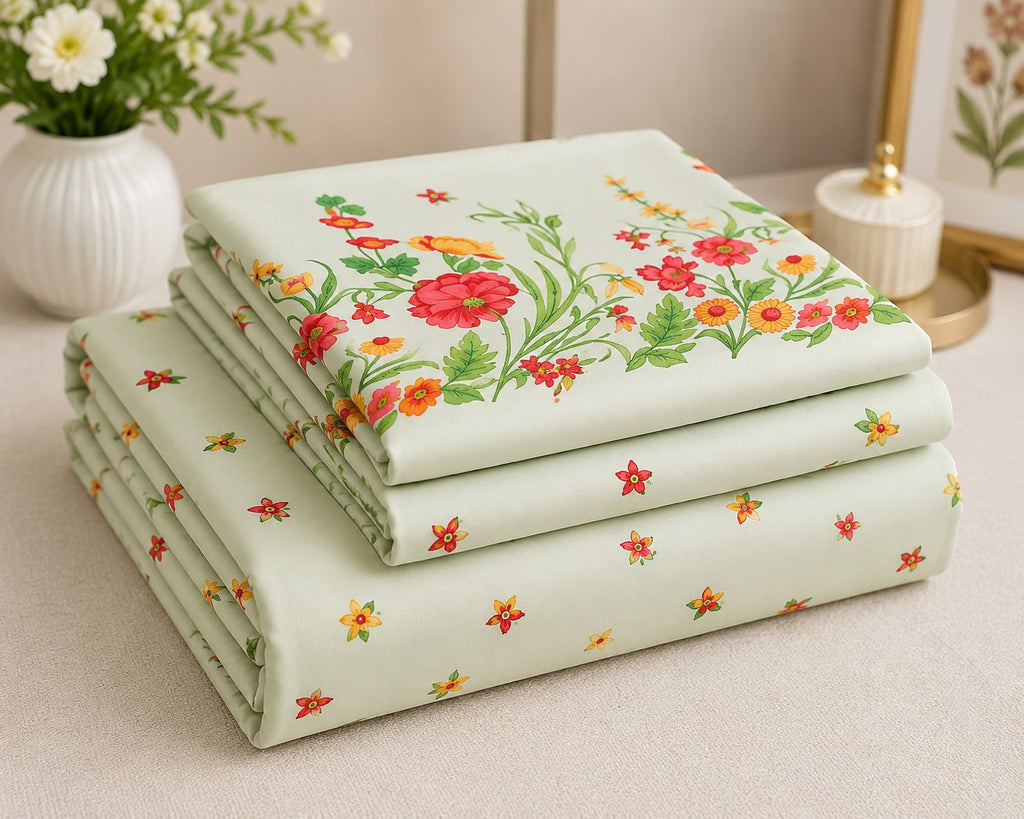 Mint Green Poppies in Bloom Pure Cotton King Size Bedsheet