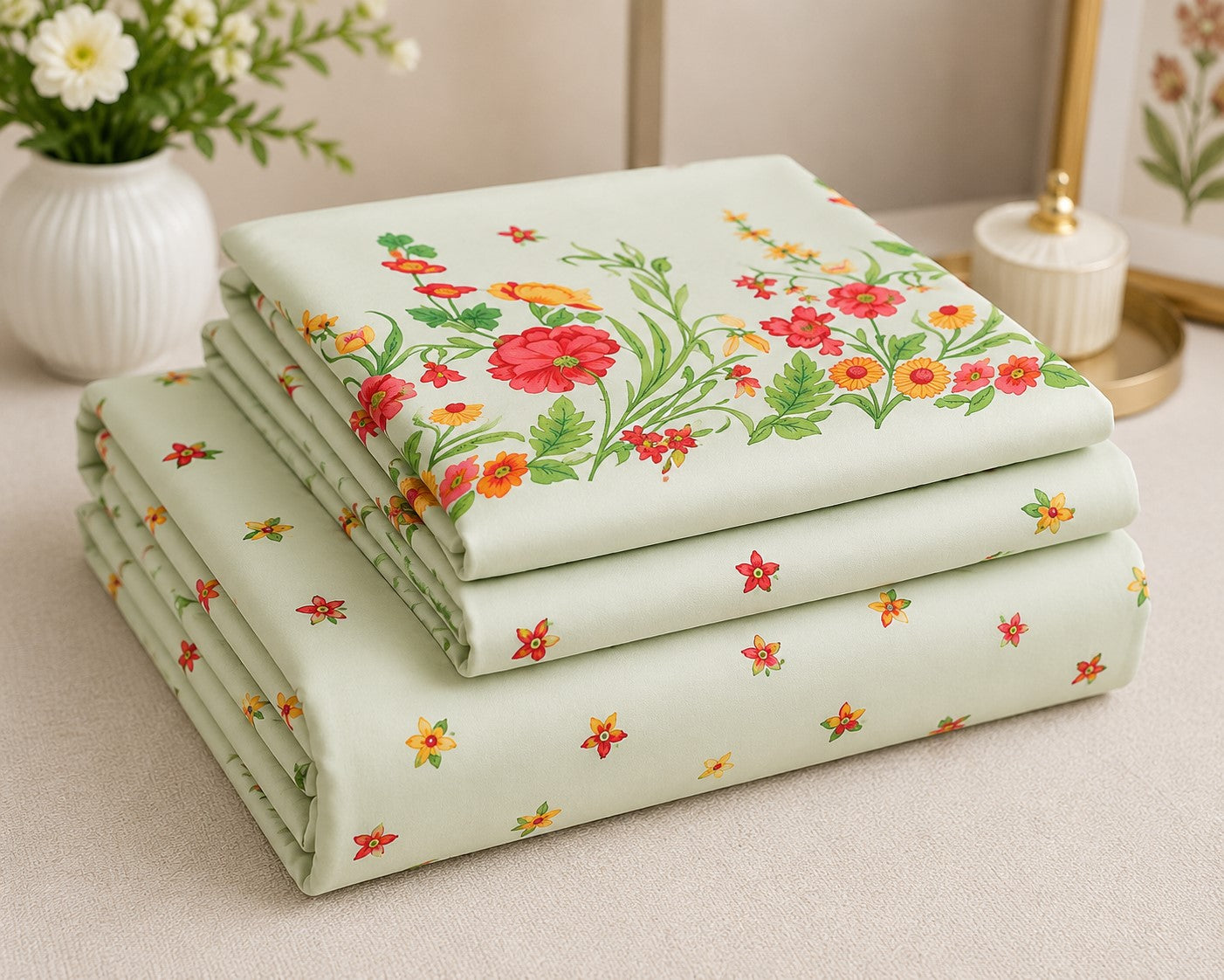 Mint Green Poppies in Bloom Pure Cotton King Size Bedsheet
