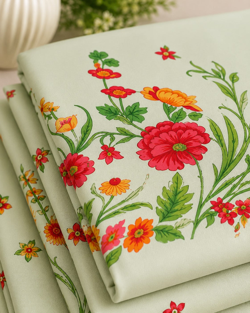 Mint Green Poppies in Bloom Pure Cotton King Size Bedsheet